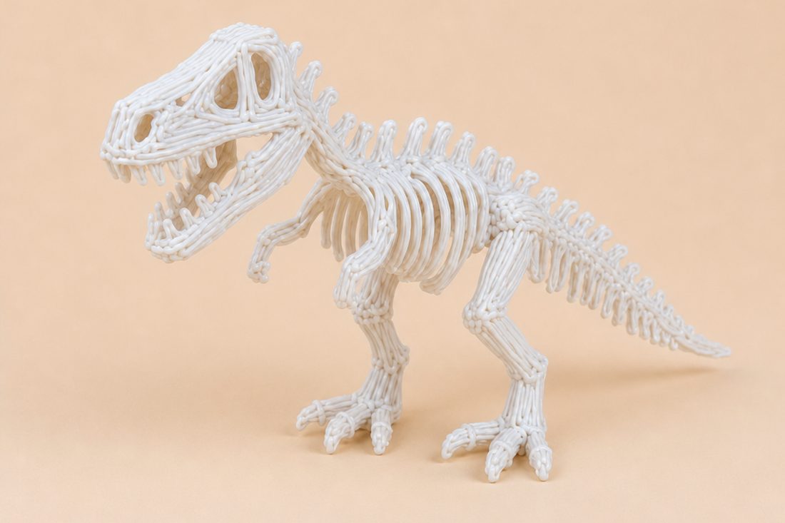 A white T-rex skeleton model built with a 3D pen